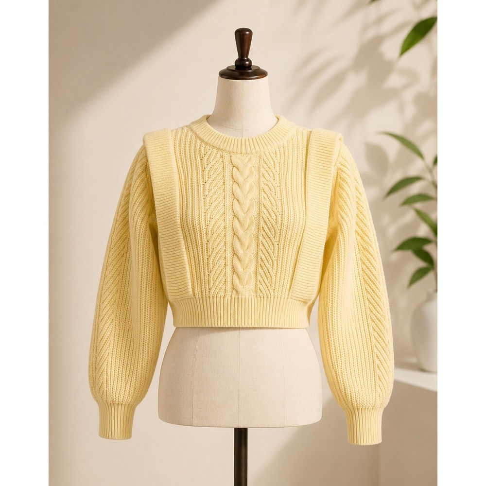 Cottagecore Knit Sweater Top‎ Yellow Puff Sleeve Cropped NWT M